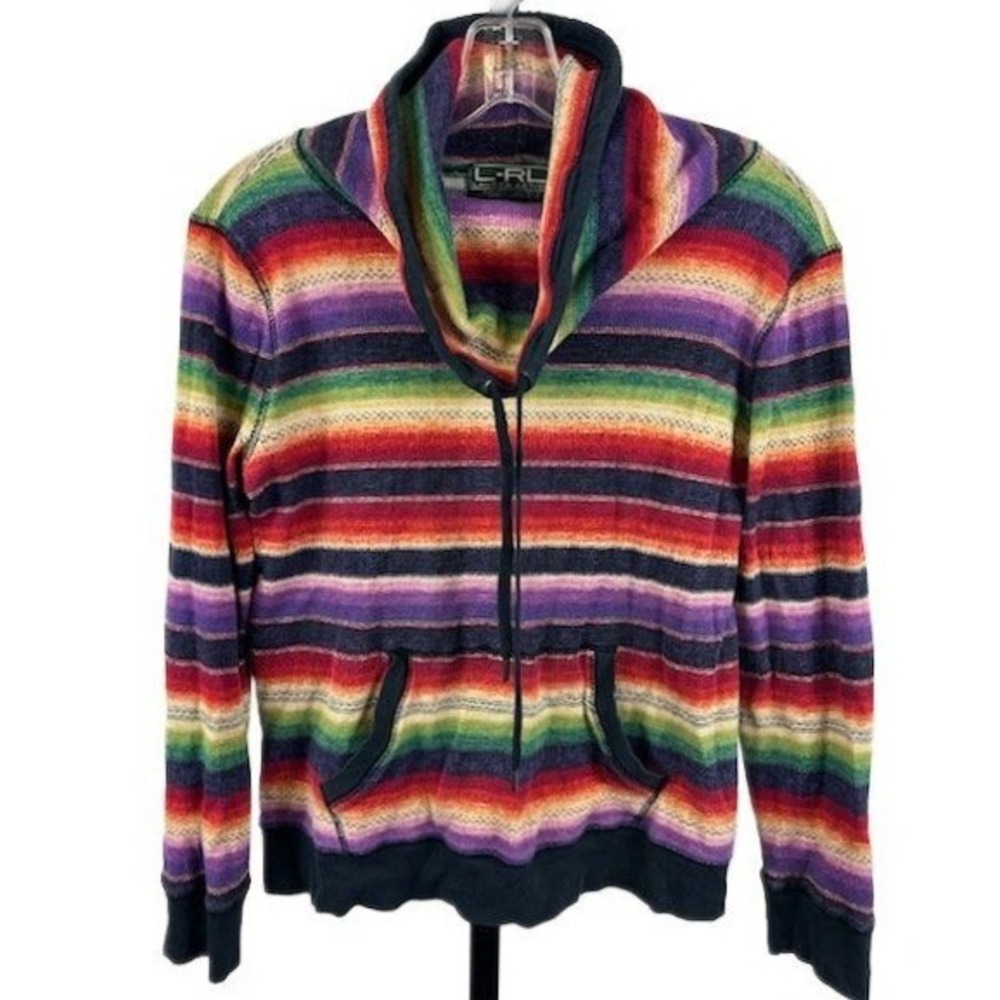 L-RL Ralph Lauren Womens Medium Striped Cowl Neck Hoodie Pullover Sweatshirt Top